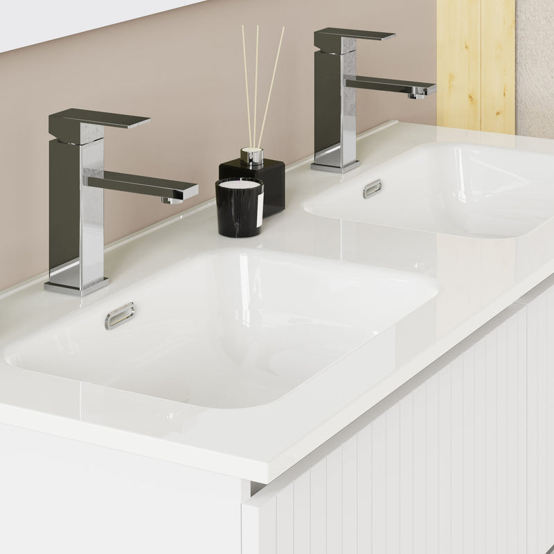 Linea Matt White Fluted Double Drawer Wall Hung Vanity Unit Including Double Basin 1200mm x 460mm