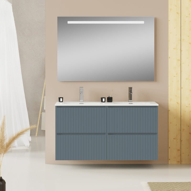 Linea Ocean Blue Fluted Double Drawer Wall Hung Vanity Unit Including Double Basin 1200mm x 460mm