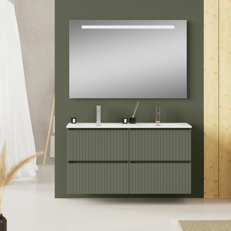 Banyetti Linea Muscat Sage Fluted Double Drawer Wall Hung Vanity Unit Including Double Basin 1200mm x 460mm