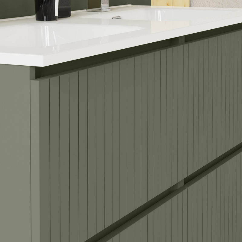 Linea Muscat Sage Fluted Double Drawer Wall Hung Vanity Unit Including Double Basin 1200mm x 460mm