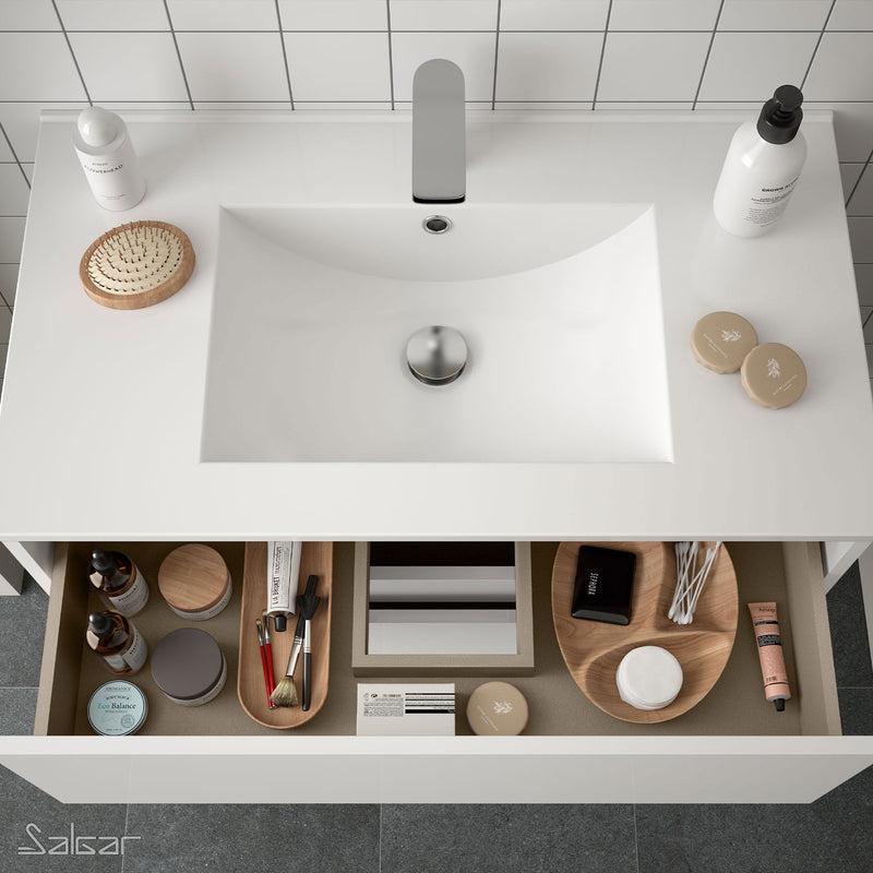 Noja 600mm Wall Hung Vanity Unit 2 Drawer Gloss White + Basin