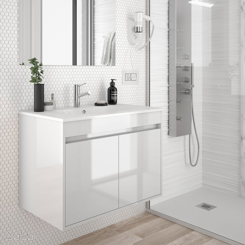 Noja 600mm Wall Hung Vanity Unit 2 Doors Gloss White + Basin