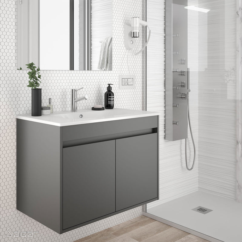 Noja 600mm Wall Hung Vanity Unit 2 Doors Matt Grey + Basin