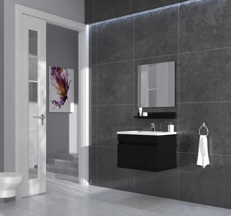 Noir SpaceBox Satin Black 650mm Wall Mounted 2 Door Basin Vanity Unit