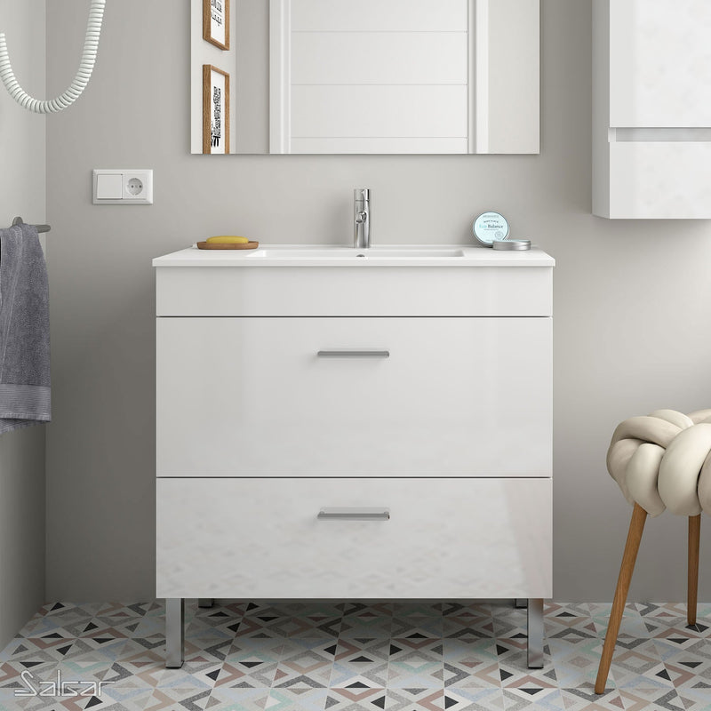 Almagro 800mm Floorstanding Vanity Unit 2 Drawer Gloss White + Basin