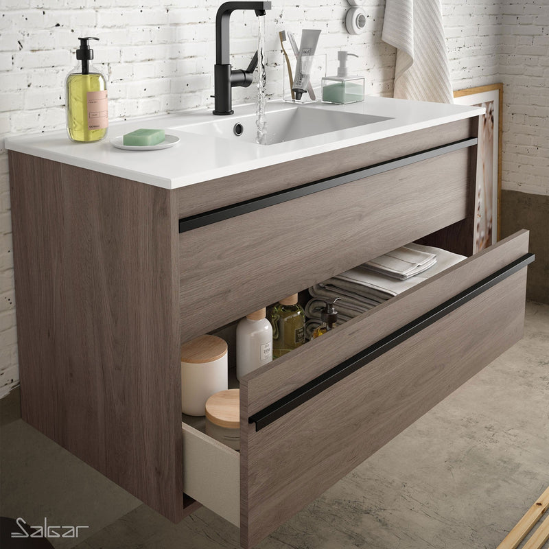 Attila Noir 800mm Wall Hung Basin Unit with Matt Black Handles - Eternity Oak + Veneto Basin