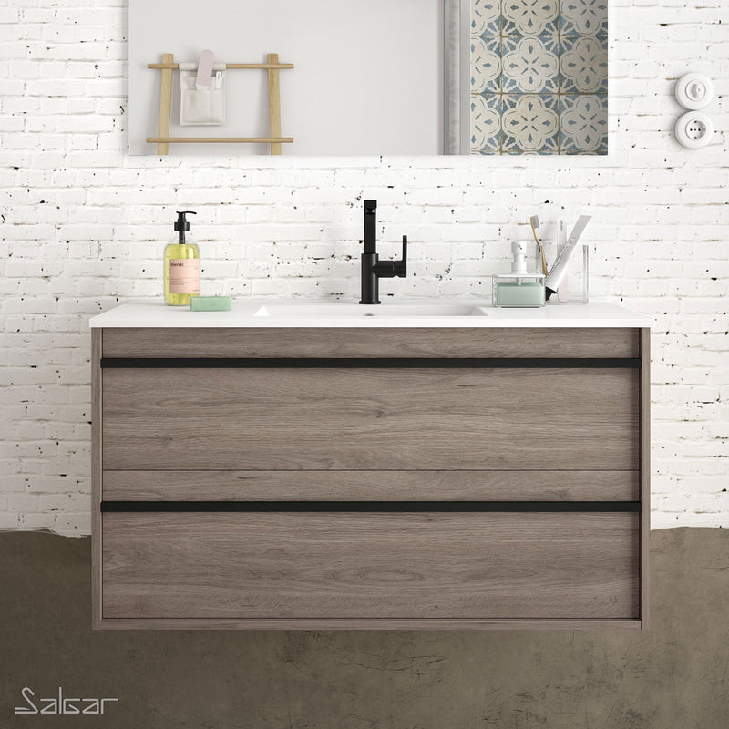 Attila Noir 800mm Wall Hung Basin Unit with Matt Black Handles - Eternity Oak + Veneto Basin