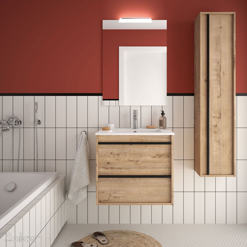 Attila Noir 600mm Wall Hung Vanity Unit with Matt Black Handles - Ostippo Oak + Veneto Basin