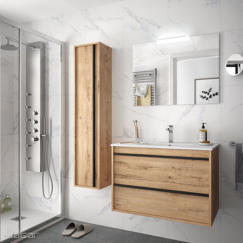 Attila Noir 600mm Wall Hung Vanity Unit with Matt Black Handles - Ostippo Oak + Veneto Basin