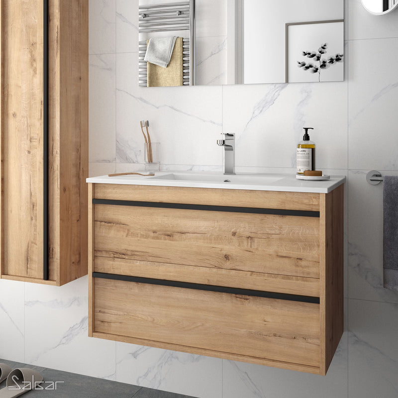 Attila Noir 600mm Wall Hung Vanity Unit with Matt Black Handles - Ostippo Oak + Veneto Basin