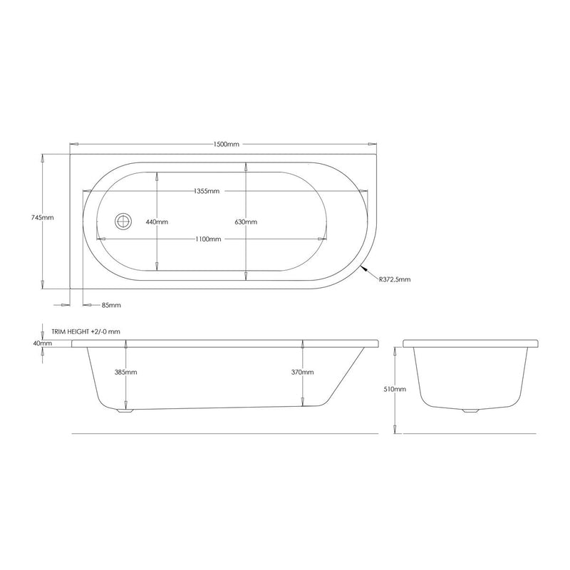 Trojan J Shape Single Ended Reinforced Bath 1500 x 750mm LH