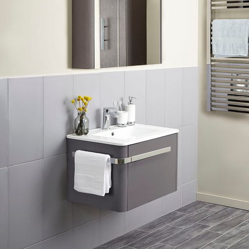 Linen Textured Grey 600 x 450mm Basin Wall Mounted Vanity Unit including Basin