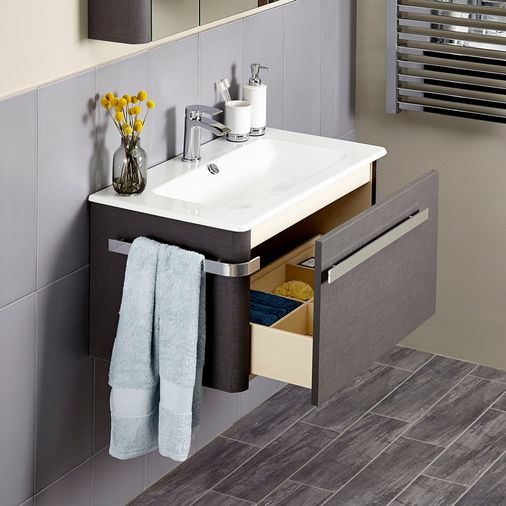 Linen Textured Grey 800 x 450mm Basin Wall Mounted Vanity Unit including Basin