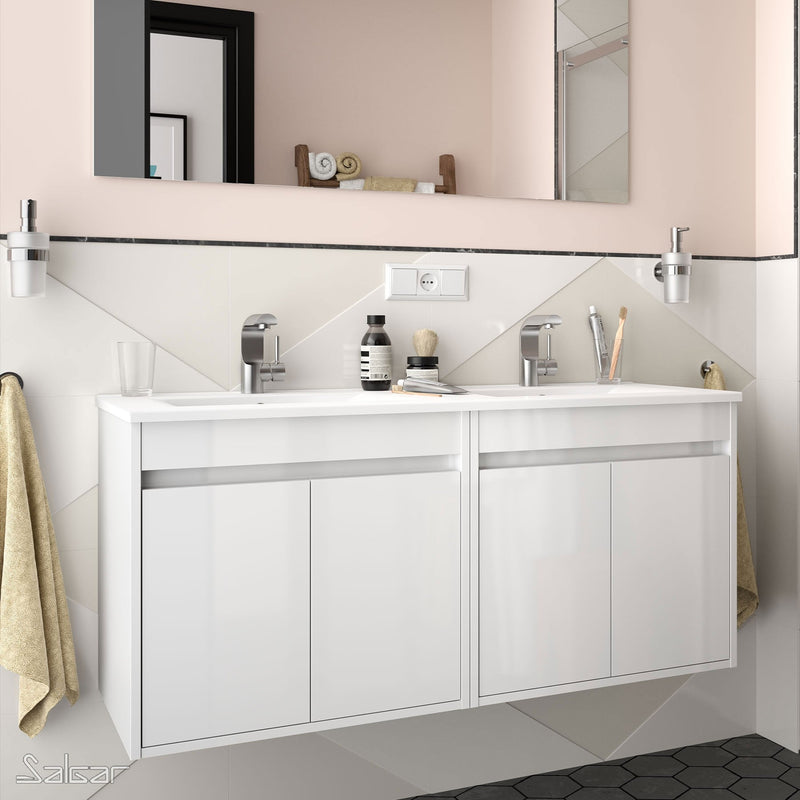 Noja 1200mm Wall Hung Vanity Unit 4 Doors Gloss White + Basin