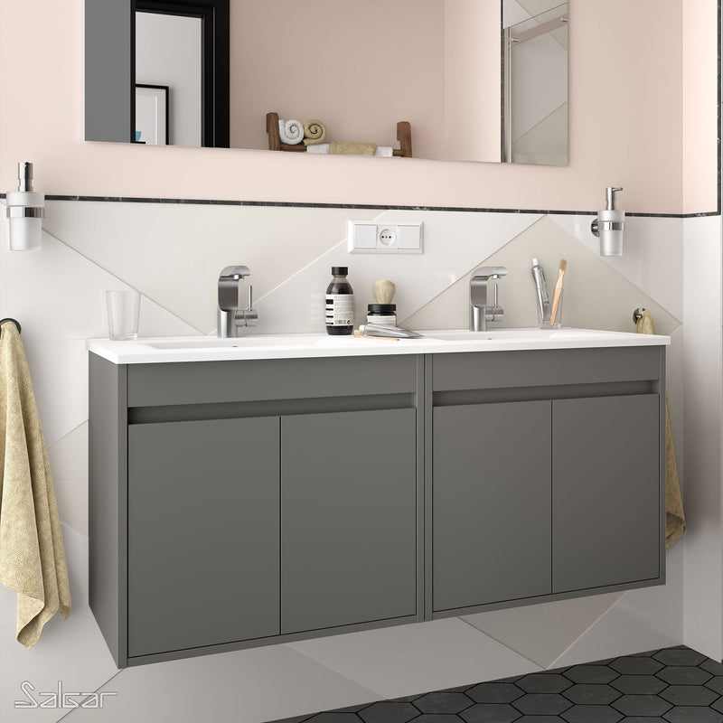 Noja 1200mm Wall Hung Vanity Unit 4 Doors Matt Grey + Basin