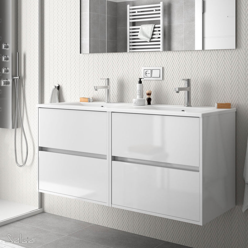 Noja 1200mm Wall Hung Vanity Unit 4 Drawers Gloss White + Basin