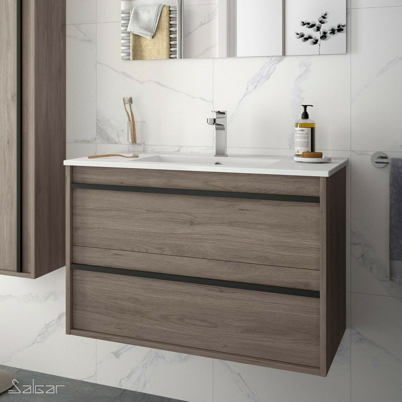 Attila Noir 800mm Wall Hung Basin Unit with Matt Black Handles - Eternity Oak + Veneto Basin