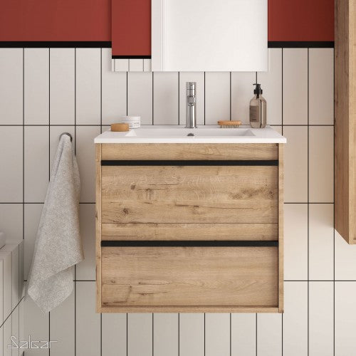 Attila Noir 600mm Wall Hung Vanity Unit with Matt Black Handles - Ostippo Oak + Veneto Basin