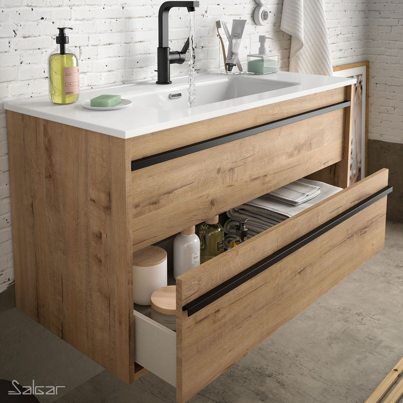 Attila Noir 600mm Wall Hung Vanity Unit with Matt Black Handles - Ostippo Oak + Veneto Basin