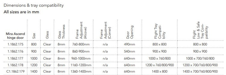 Mira Ascend Alcove Hinged Shower Door - Choose Size