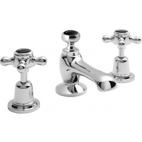 Bayswater 3 Tap Hole Deck Basin Mixer Tap - Hex/Dome Collar - Black/Chrome or White/Chrome