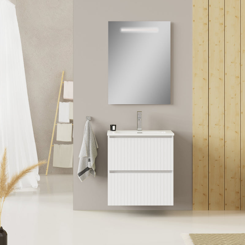 Banyetti Linea Matt White Ribbed Double Drawer Wall Hung Vanity Unit 600mm x 460mm