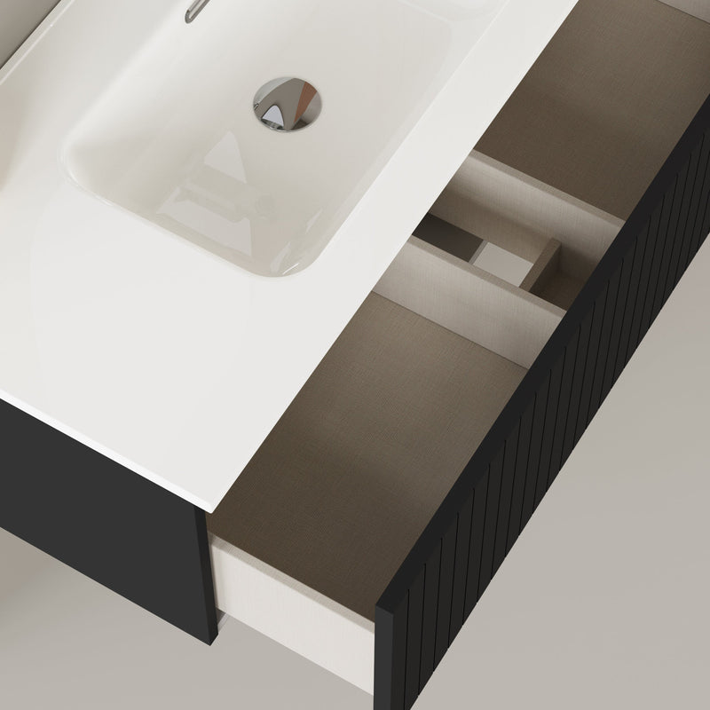 Banyetti Linea Matt Black Ribbed Wall Hung Vanity Unit 1000 x 390mm