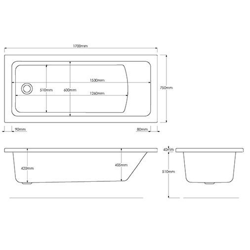 Madeira Single Ended Straight Bath - 1700 X 750mm