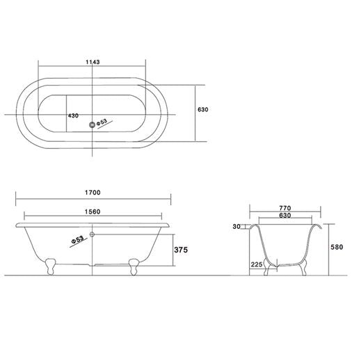 Moulin Cast Iron Bath 1700 X 770mm With 2 Tap Holes