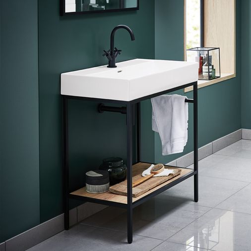 Black Vinci Noir 800mm Frame Unit with Oak Shelf & Basin - 800mm x 460mm