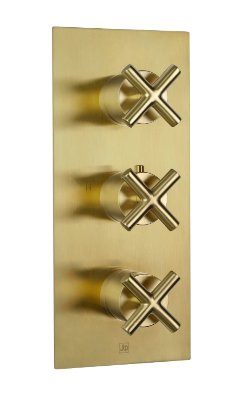 JTP Solex Brushed Brass Vertical Thermostatic Concealed 2 Outlet Shower Valve