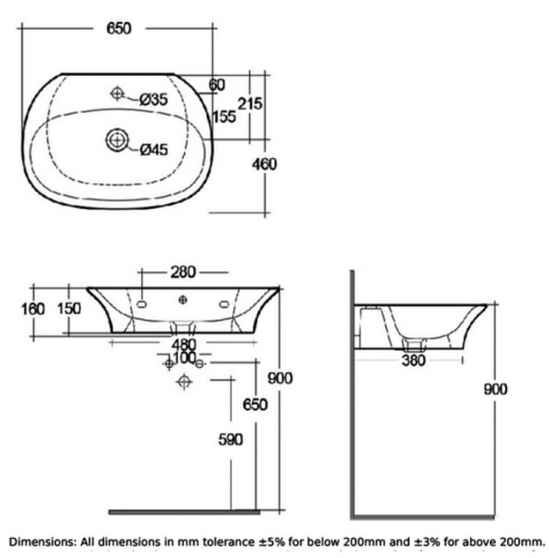 RAK Ceramics Sensation Wall Hung 1 Tap Hole Basin - Select Size