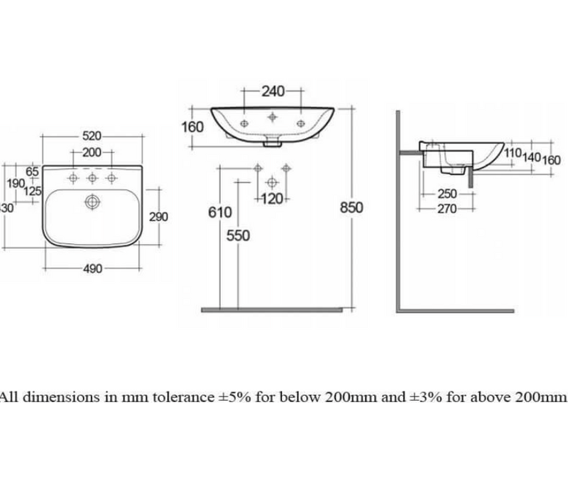 RAK Ceramics Origin 550 x 410mm 1 Tap Hole Semi Recessed Basin