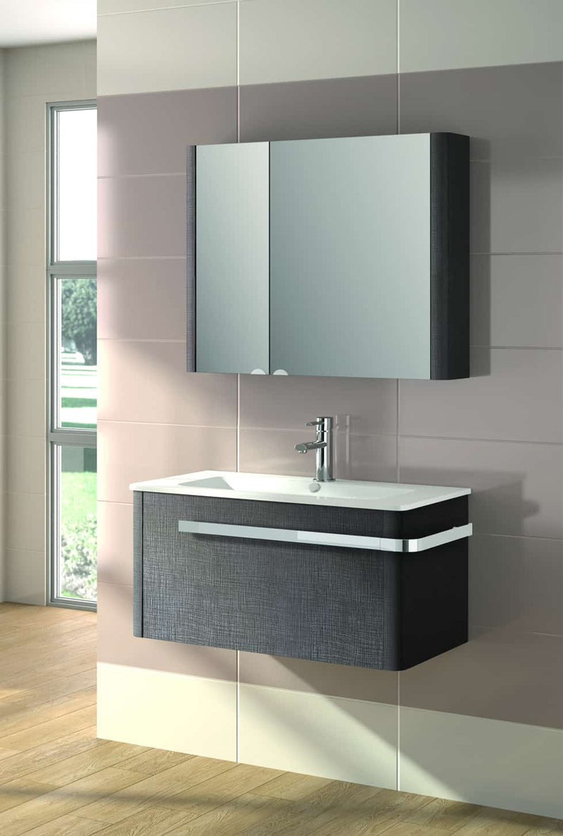 Linen Textured Grey Finish 800 x 650 x 160mm Mirror Wall Storage Cabinet