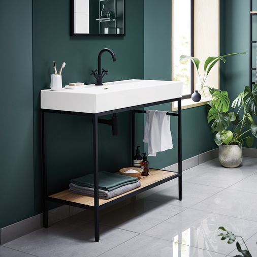 Black Vinci Noir 1000mm frame Unit with Oak Shelf & Basin - 1000mm x 460mm - Salgar