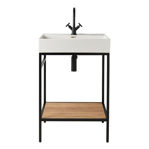 Black Vinci Noir 800mm Frame Unit with Oak Shelf & Basin - 800mm x 460mm