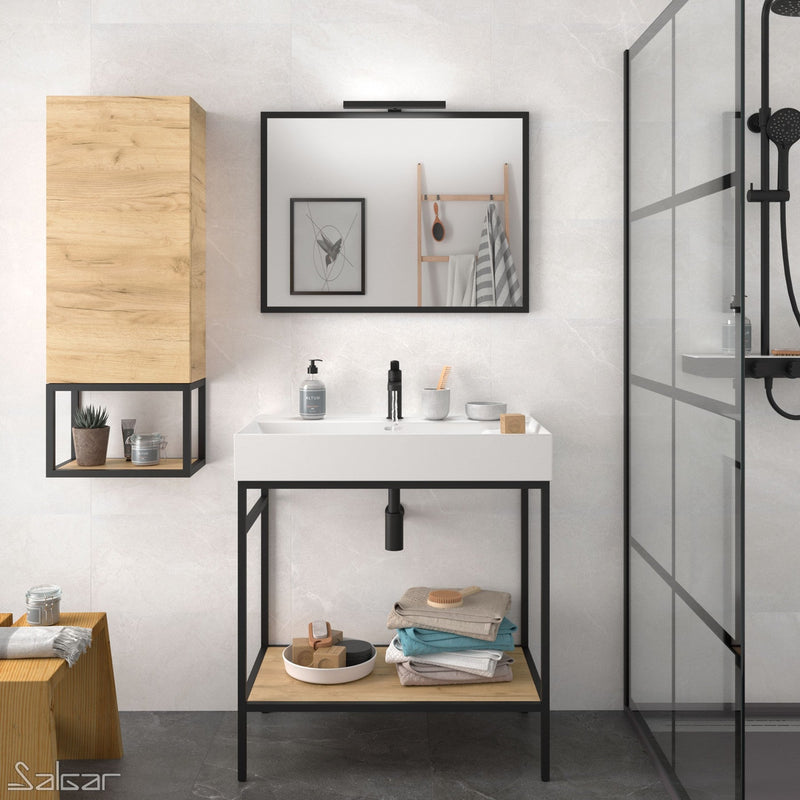 Black Vinci Noir 800mm Frame Unit with Oak Shelf & Basin - 800mm x 460mm