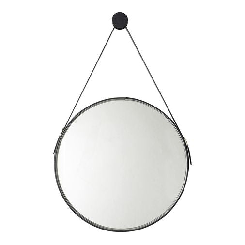 Vinci Noir Round 600mm Black Frame Mirror with Black Strap Belt with Hanging Peg