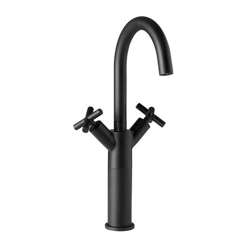 Noir Solex Crosshead Twin Tall Handle Swivel Spout Basin Mixer Tap - Matt Black - JTP