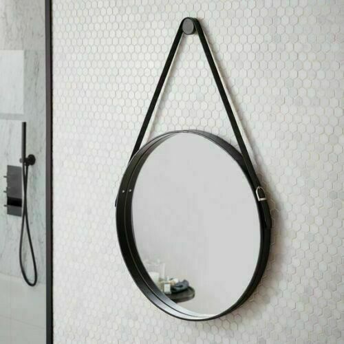 Vinci Noir Round 600mm Black Frame Mirror with Black Strap Belt with Hanging Peg